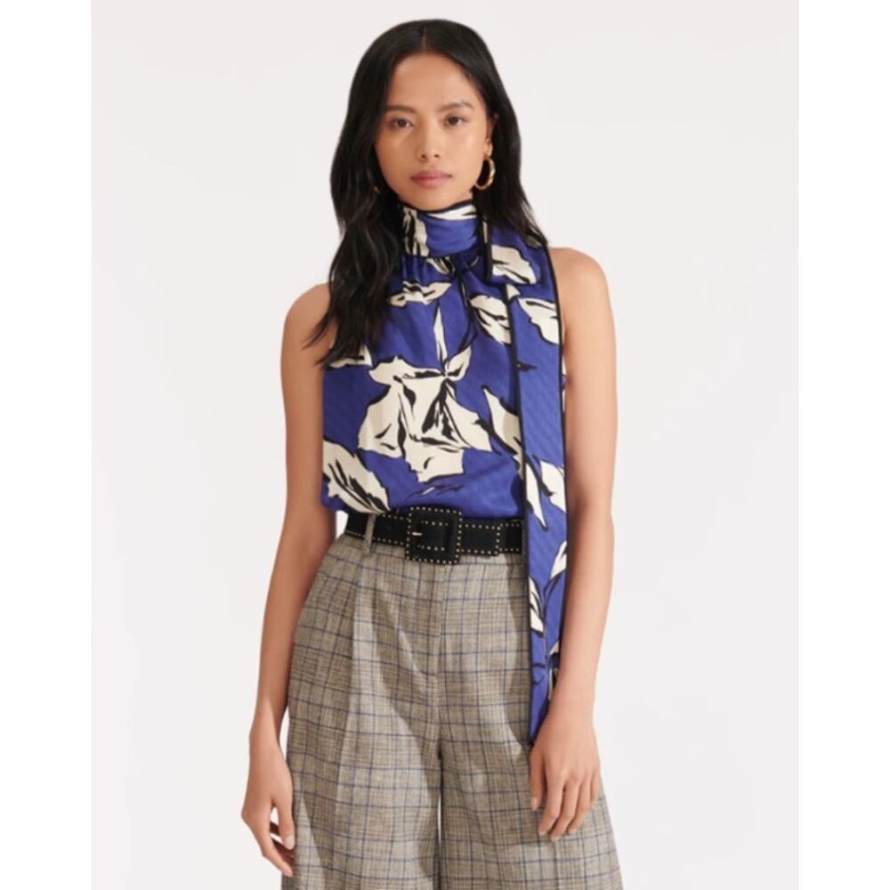 Veronica Beard Silk Tie Neck Blouse Blue Floral Quiet Luxury Office 2